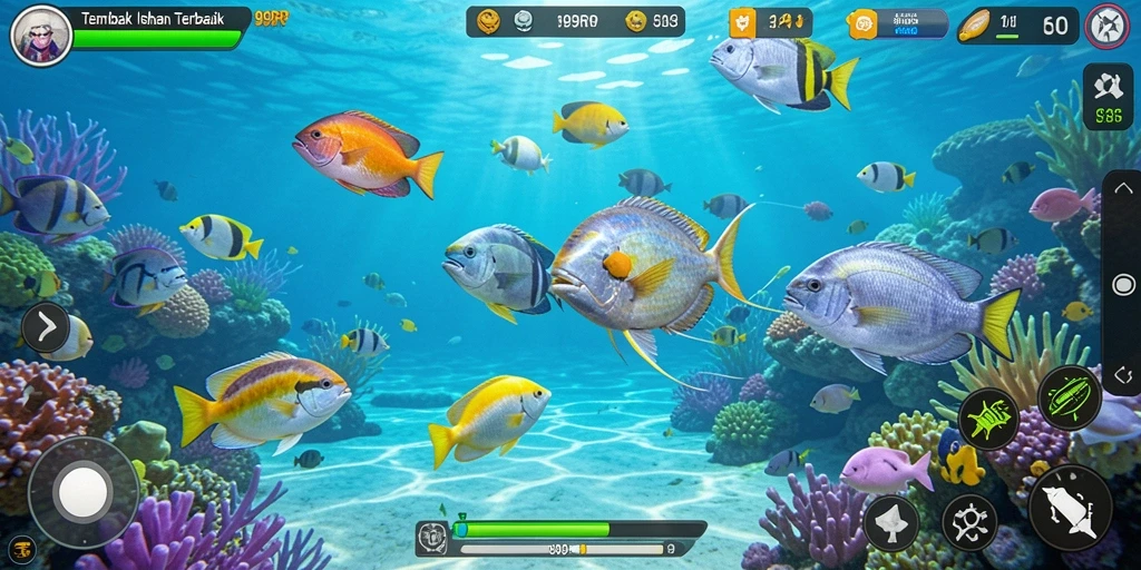 Tampilan gameplay menarik dari 99RP menunjukkan aksi menembak ikan.