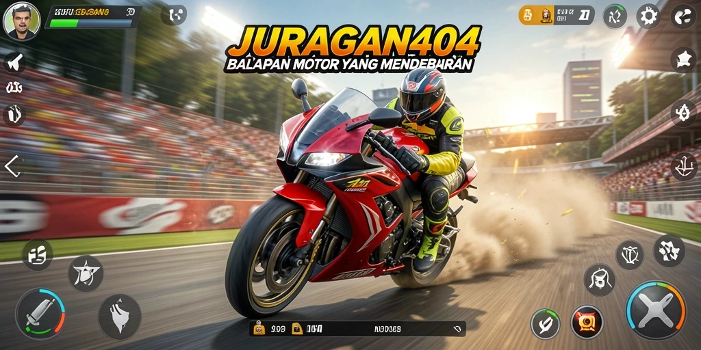 Screenshot JURAGAN404 menampilkan aksi balapan motor yang seru.