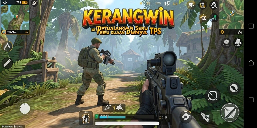 Screen gameplay KERANGWIN dengan aksi menegangkan di latar belakang.