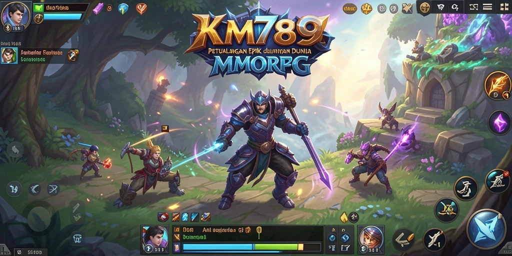 Screenshot gameplay KM789 menunjukkan pertempuran seru dalam dunia MMORPG.