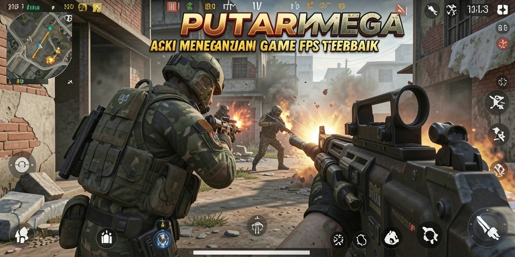 Screenshot utama PUTARMEGA menampilkan aksi pertarungan FPS yang intens.