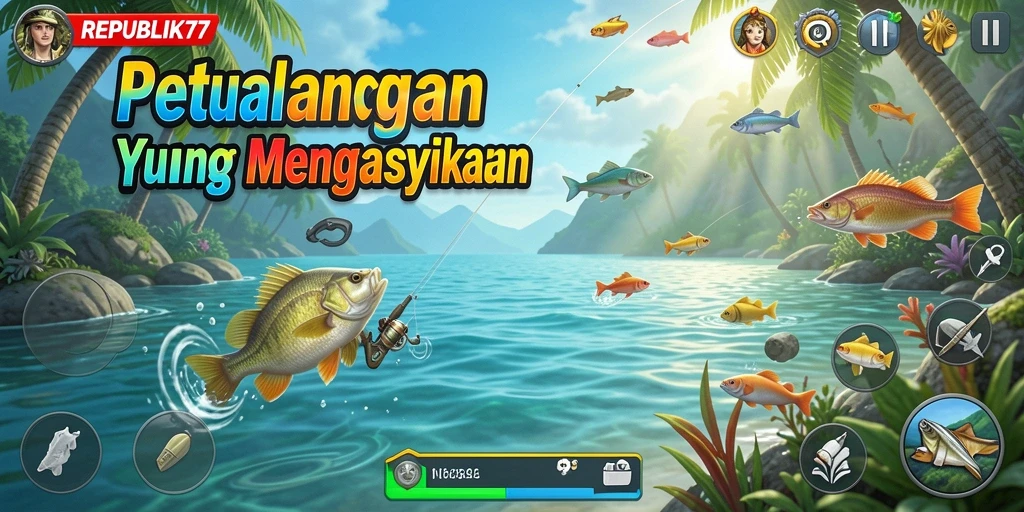 Screenshot utama REPUBLIK77 menunjukkan gameplay memancing yang menarik.