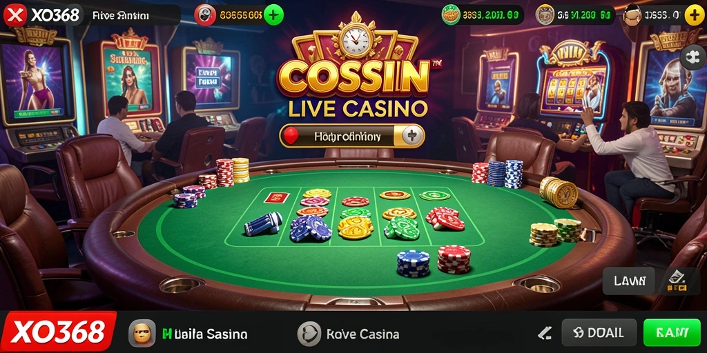 Screenshot gameplay <strong>XO368</strong> menampilkan dealer nyata dan suasana kasino yang nyata.